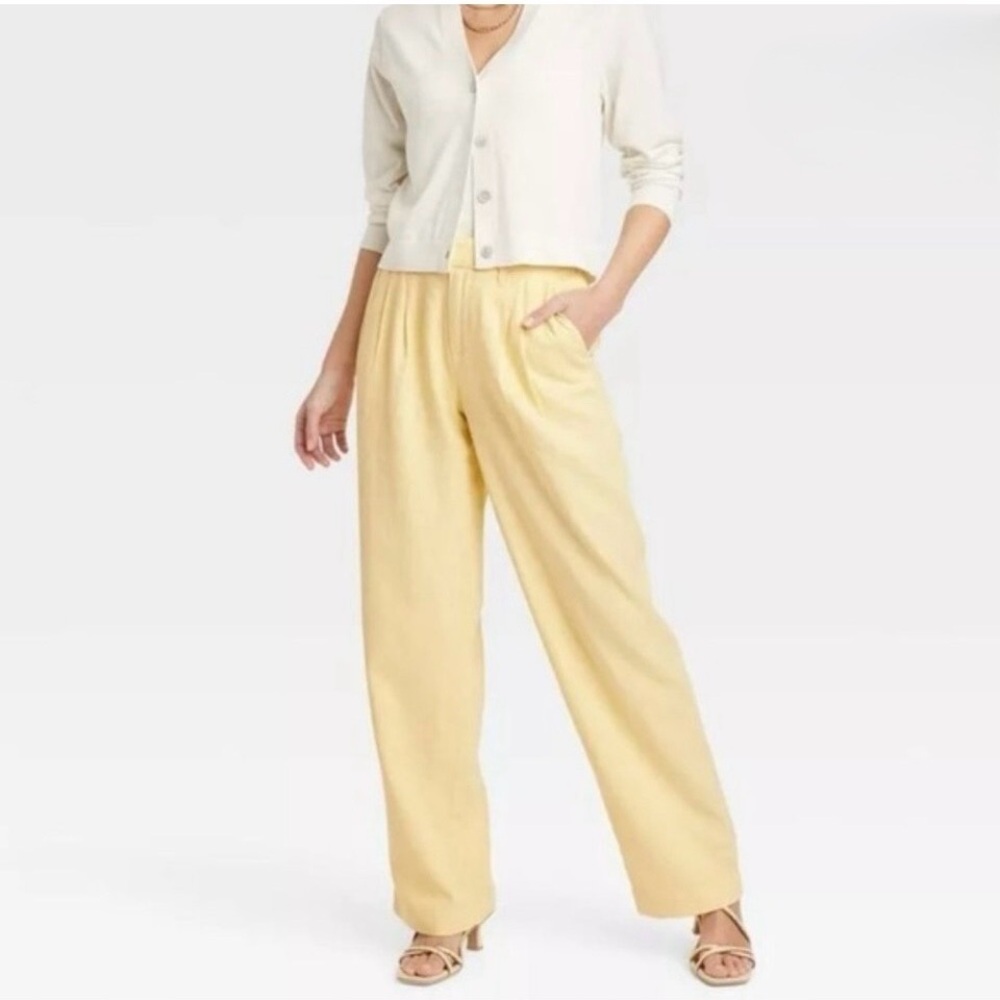 a new day Size 2 Soft Yellow High Waist Linen Blend Pleated Straight Leg Trouser